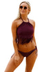Wine Fringed Beaded Tankini Swim Set